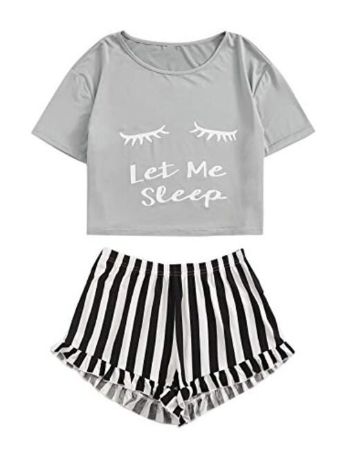 WDIRARA Women's Sleepwear Closed Eyes Print Tee and Shorts Pajama Set