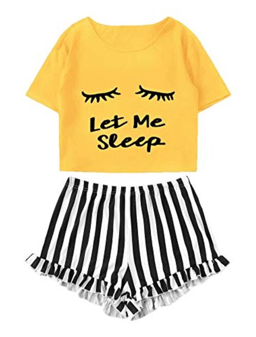 WDIRARA Women's Sleepwear Closed Eyes Print Tee and Shorts Pajama Set