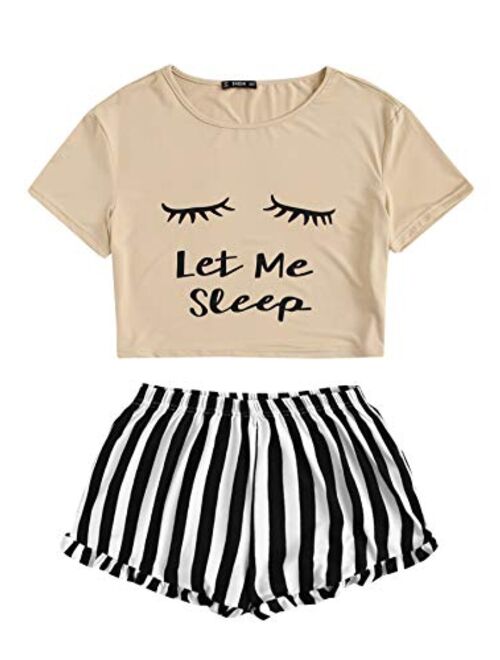 WDIRARA Women's Sleepwear Closed Eyes Print Tee and Shorts Pajama Set