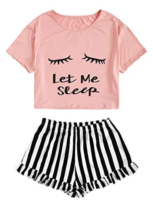 WDIRARA Women's Sleepwear Closed Eyes Print Tee and Shorts Pajama Set