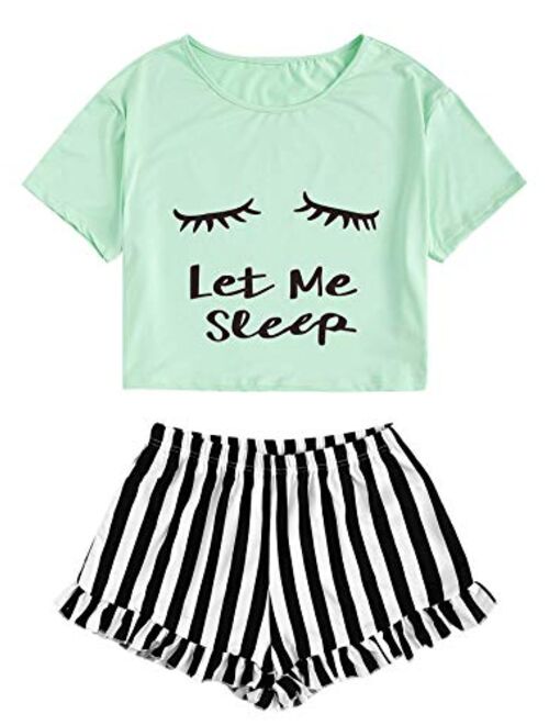 WDIRARA Women's Sleepwear Closed Eyes Print Tee and Shorts Pajama Set