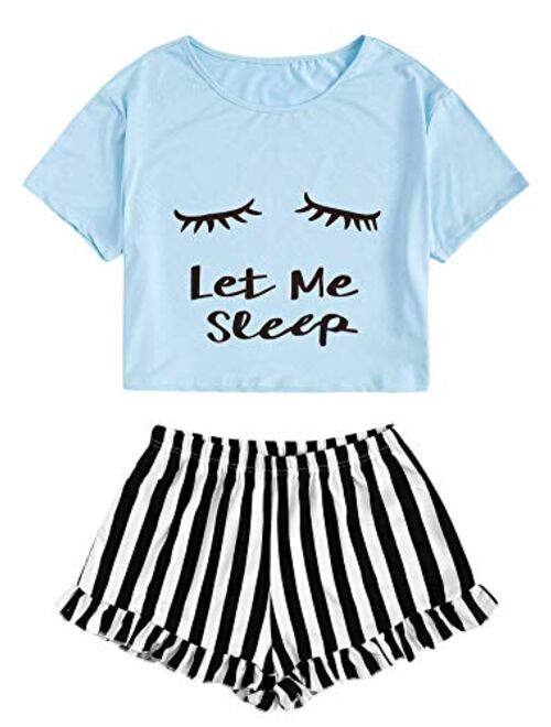 WDIRARA Women's Sleepwear Closed Eyes Print Tee and Shorts Pajama Set