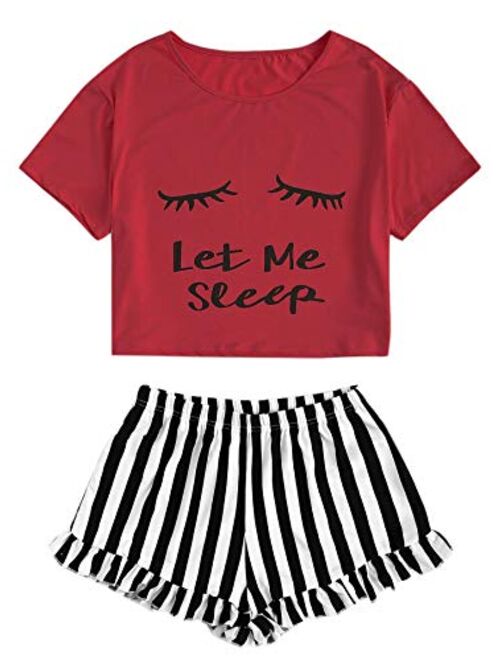 WDIRARA Women's Sleepwear Closed Eyes Print Tee and Shorts Pajama Set