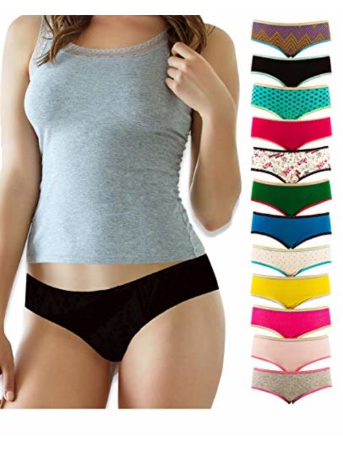 Sexy Basics Women's 12 Pack Cotton Spandex Flexible Fit Hipster Panties