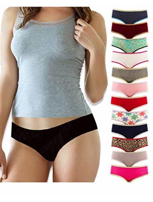 Sexy Basics Women's 12 Pack Cotton Spandex Flexible Fit Hipster Panties