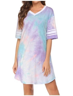 Women's Nightgown, Cotton Sleep Shirt V Neck Short Sleeve Loose Comfy Pajama Sleepwear S-XXL