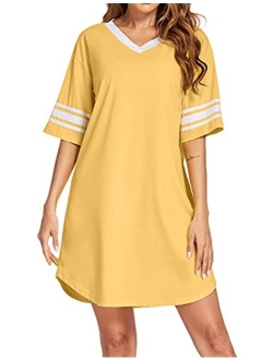 Women's Nightgown, Cotton Sleep Shirt V Neck Short Sleeve Loose Comfy Pajama Sleepwear S-XXL