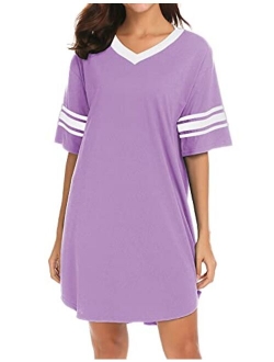 Women's Nightgown, Cotton Sleep Shirt V Neck Short Sleeve Loose Comfy Pajama Sleepwear S-XXL