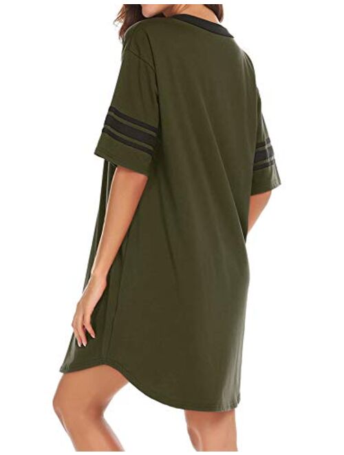 Ekouaer Women's Nightgown, Cotton Sleep Shirt V Neck Short Sleeve Loose Comfy Pajama Sleepwear S-XXL