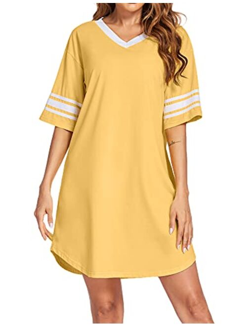 Ekouaer Women's Nightgown, Cotton Sleep Shirt V Neck Short Sleeve Loose Comfy Pajama Sleepwear S-XXL