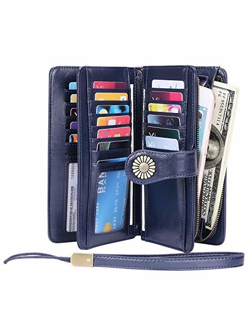 KELEEL Women's RFID Blocking Wallet Genuine Leather Clutch Wallet Card Holder Organizer Ladies Purse