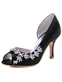 ElegantPark Wedding Heels Peep Toe Wedding Shoes for Bride High Heels Rhinestones Bridal Shoes Satin Evening Party Prom Dress Shoes Pumps