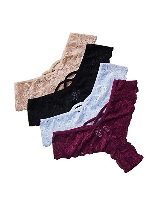 4 Pack Women's Lace Thongs Bikini Panties Sexy Lingerie Panty G-String Underwear