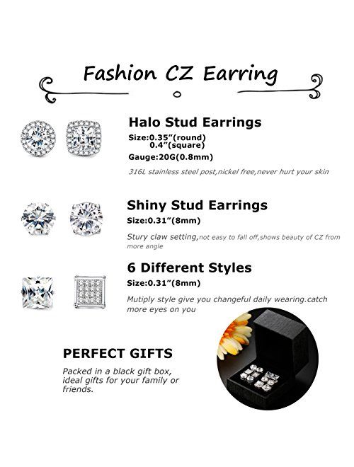 Jstyle Halo Cubic Zirconia Stud Earrings for Women Clear CZ Round Square Stud Earrings Set Ear Jewelry