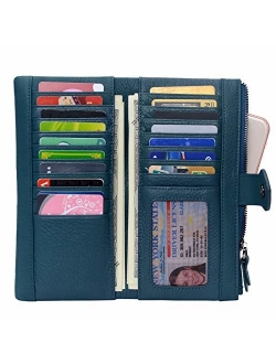 Women RFID Blocking Multi Credit Card Holder Genuine Leather Bifold Slim Wallets with Zipper Pocket