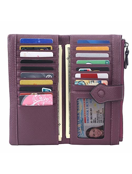 Women RFID Blocking Multi Credit Card Holder Genuine Leather Bifold Slim Wallets with Zipper Pocket