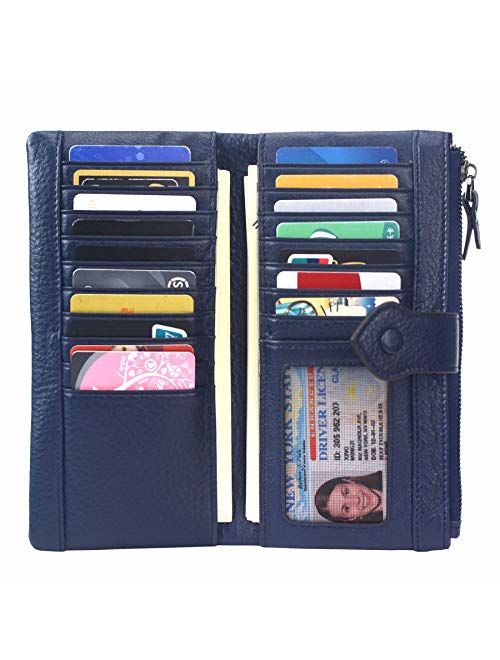 Women RFID Blocking Multi Credit Card Holder Genuine Leather Bifold Slim Wallets with Zipper Pocket