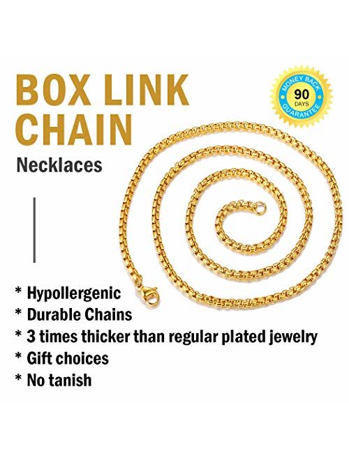 ChainsPro 3/6 mm Box/Wheat/Twist Rope Necklace, Replacement Chain for Pendant/Charm, 18-30 inches, 316L Stainless Steel/18K Gold Plated(Send Gift Box)