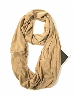 Elzama Infinity Loop Solid Color Scarf With Hidden Zipper Pocket For Women - Lightweight Travel Neck Wrap