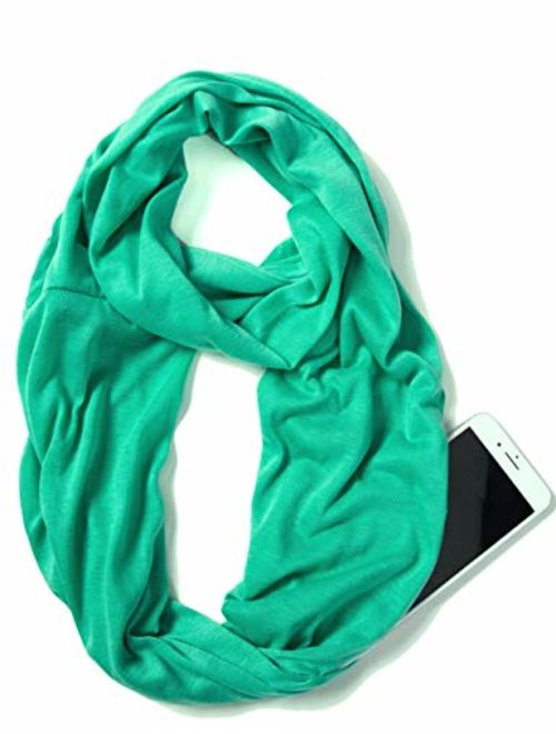 Elzama Infinity Loop Solid Color Scarf With Hidden Zipper Pocket For Women - Lightweight Travel Neck Wrap