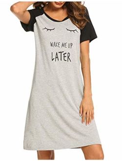 Womens Nightgowns Short Sleeve Sleepwear Printed Night Dress Cute Nightshirts S-XXL