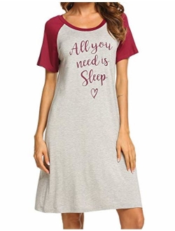 Womens Nightgowns Short Sleeve Sleepwear Printed Night Dress Cute Nightshirts S-XXL