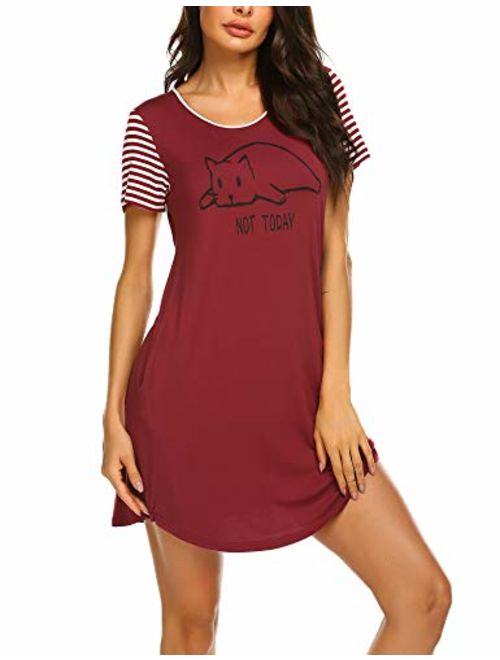 Ekouaer Womens Nightgowns Short Sleeve Sleepwear Printed Night Dress Cute Nightshirts S-XXL