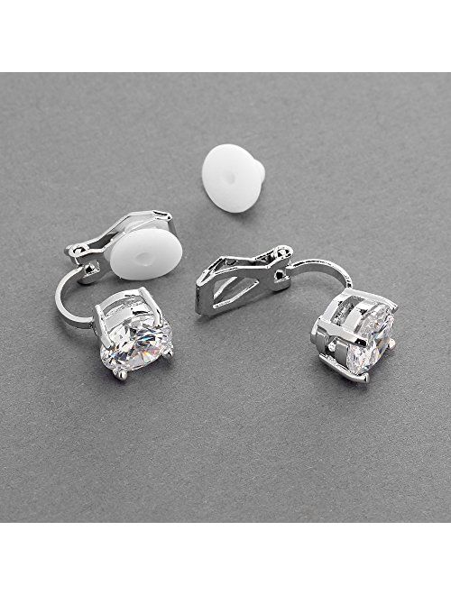 Mariell Cubic Zirconia Crystal Wedding Clip On Stud Earrings for Women, 2 Carat 8mm CZ, Platinum Plated