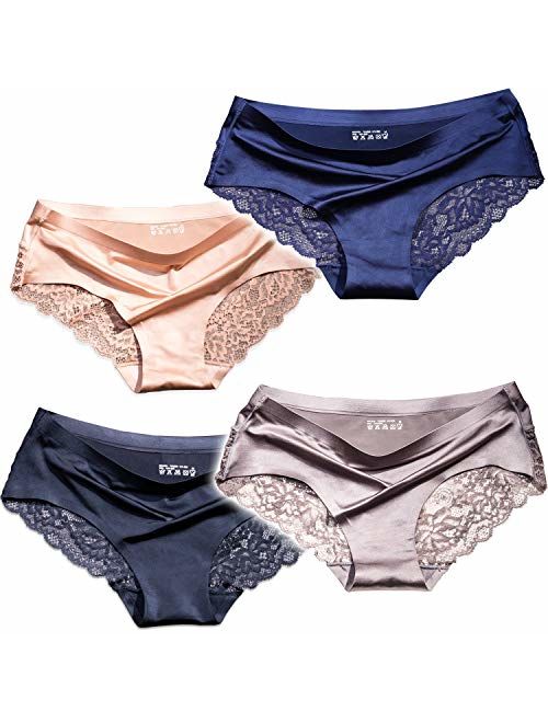 Sexy Lace Underwear for Women Frozen Silk Seamless Panties with Silky Tactile Touch 4 Pack, Assorted Colors S M L XL XXL