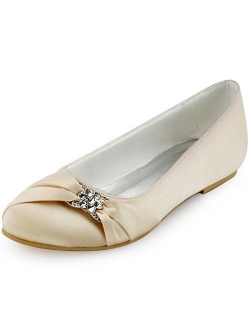 ElegantPark Women Closed Rhinestones Comfort Flats Pleated Satin Wedding Bridal Shoes