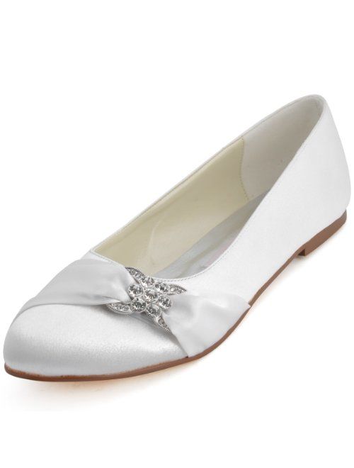 ElegantPark Women Closed Rhinestones Comfort Flats Pleated Satin Wedding Bridal Shoes