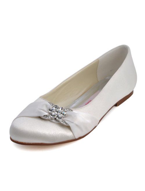 ElegantPark Women Closed Rhinestones Comfort Flats Pleated Satin Wedding Bridal Shoes