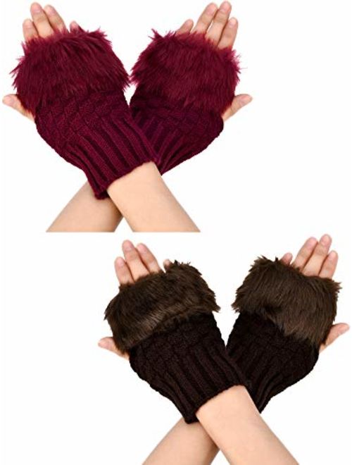 Boao 2 Pairs Fingerless Winter Gloves Short Touchscreen Gloves Thumb Hole Mittens Knitted Warm Gloves with Faux Fur