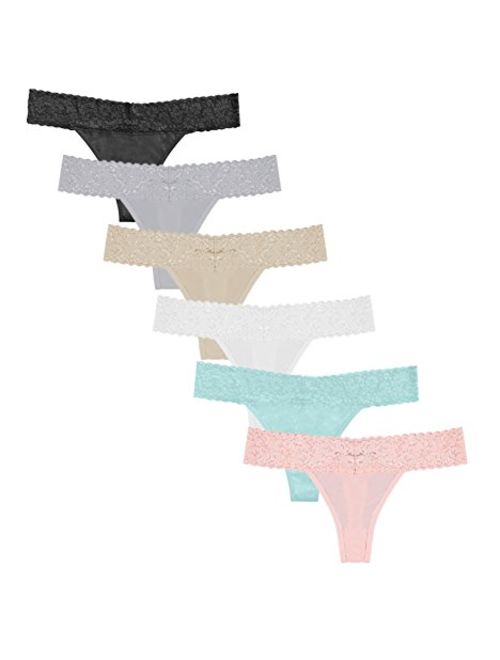 Free to Live 6 Pack Women's Underwear - Lace Band Cotton Thong Panties