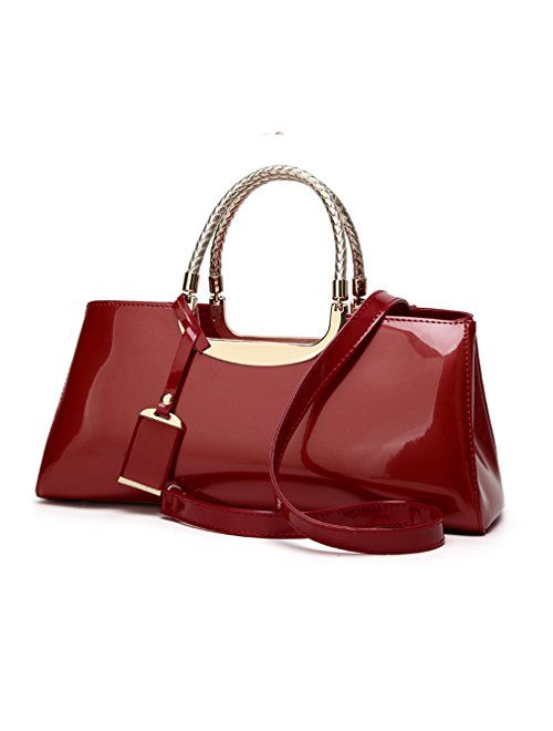 Glossy Faux Patent Leather Structured Shoulder Handbag Women Evening Party Satchel