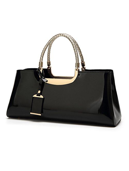 Glossy Faux Patent Leather Structured Shoulder Handbag Women Evening Party Satchel