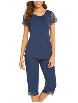 Women's Capri Pajama Set Lace Short Sleeve Sleepwear Pjs Sets with Pocket