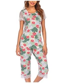 Women's Capri Pajama Set Lace Short Sleeve Sleepwear Pjs Sets with Pocket