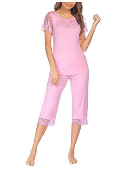 Women's Capri Pajama Set Lace Short Sleeve Sleepwear Pjs Sets with Pocket