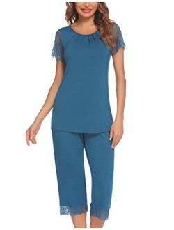 Women's Capri Pajama Set Lace Short Sleeve Sleepwear Pjs Sets with Pocket