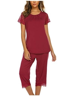 Women's Capri Pajama Set Lace Short Sleeve Sleepwear Pjs Sets with Pocket