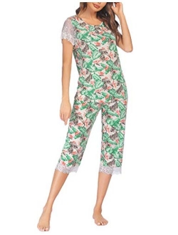 Women's Capri Pajama Set Lace Short Sleeve Sleepwear Pjs Sets with Pocket