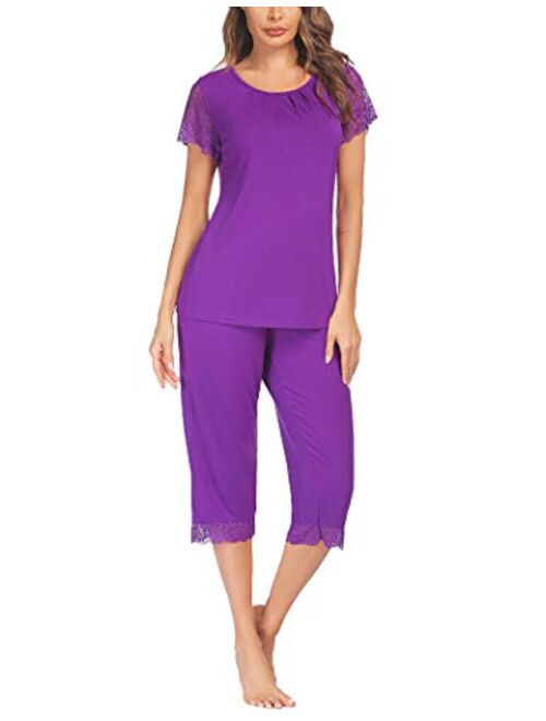 Ekouaer Women's Capri Pajama Set Lace Short Sleeve Sleepwear Pjs Sets with Pocket