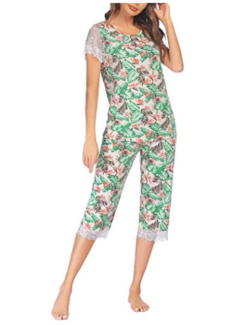 Ekouaer Women's Capri Pajama Set Lace Short Sleeve Sleepwear Pjs Sets with Pocket