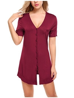 Women's Nightshirt Short Sleeve Button Down Nightgown V-Neck Boyfriend Sleepshirt Pajama Dress