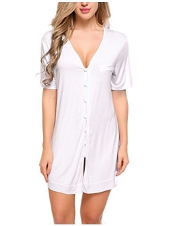 Women's Nightshirt Short Sleeve Button Down Nightgown V-Neck Boyfriend Sleepshirt Pajama Dress