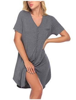 Women's Nightshirt Short Sleeve Button Down Nightgown V-Neck Boyfriend Sleepshirt Pajama Dress