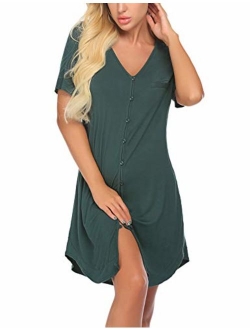 Women's Nightshirt Short Sleeve Button Down Nightgown V-Neck Boyfriend Sleepshirt Pajama Dress