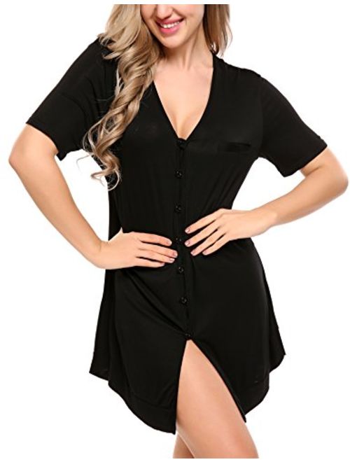 Avidlove Women's Nightshirt Short Sleeve Button Down Nightgown V-Neck Boyfriend Sleepshirt Pajama Dress