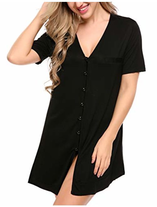 Avidlove Women's Nightshirt Short Sleeve Button Down Nightgown V-Neck Boyfriend Sleepshirt Pajama Dress